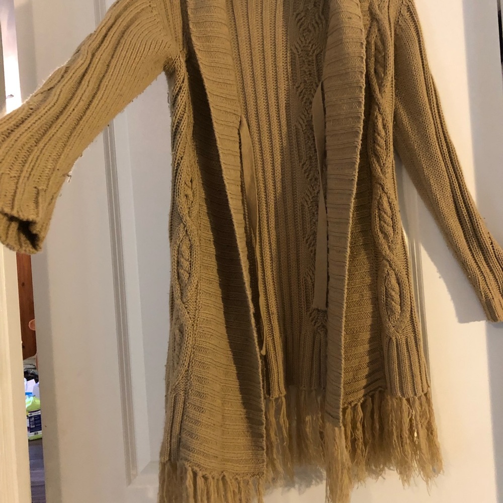 Y London Long tan sweater with Fringe.